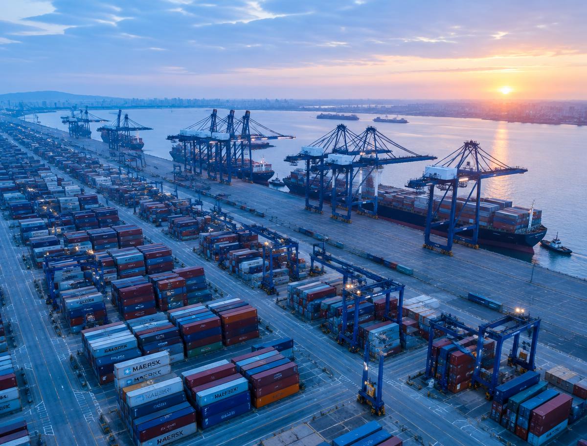 Aerial view of a container terminal at sunrise